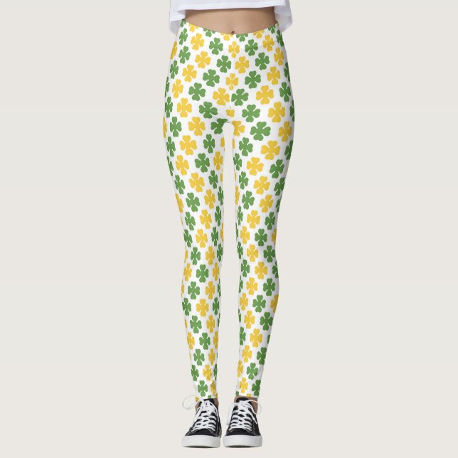 Grönt & Golden Gult Shamrock Mönster Leggings (Framsida)