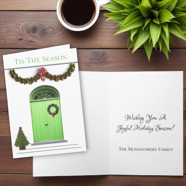 Grönt gör julklapp Dekorationerna för säsongen Helgkort (Christmas card template cover and inside greeting)