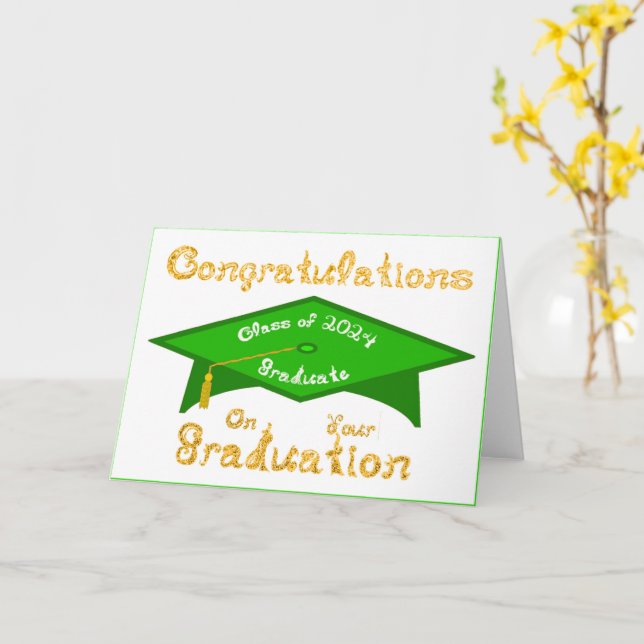 Grönt Grad Cap Guld White Student Class 2024 Hat Kort (Gul blomma)