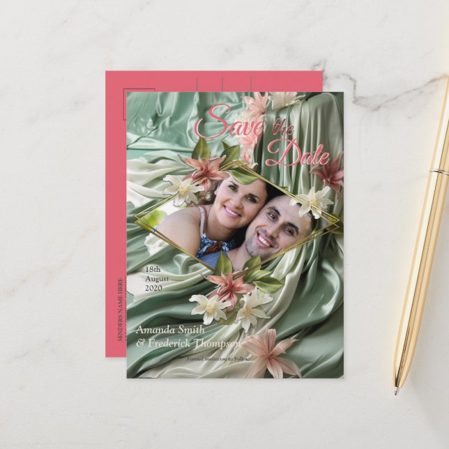 Grönt, grädde, Silke-skrapor och Pinkish Flowers Meddelande Vykort (Fram/Back In Situ)