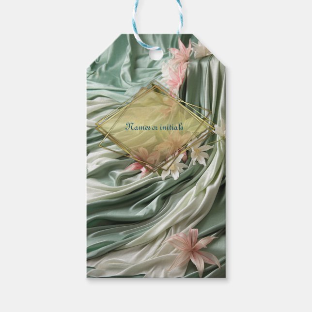 Grönt, grädde, Silke-skrapor och Pinkish Flowers Presentetikett (Framsidan)