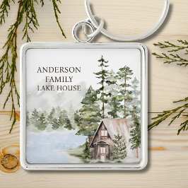 Grönt Gräs Forest Family Sjö House Cabin Fyrkantig Silverfärgad Nyckelring