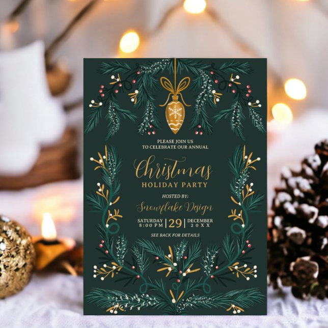 Grönt gräs illustration: guld: bolagsjul inbjudningar (Green pine illustration gold corporate Christmas Invitation)