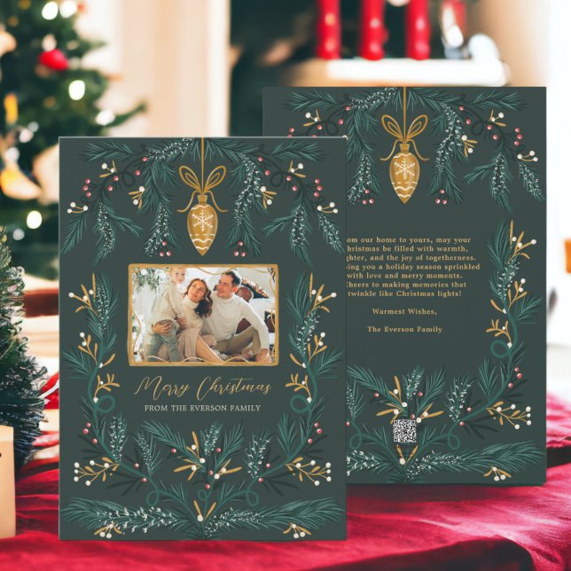 Grönt gräs illustration guld Photo God jul Julkort (Green pine illustration gold Photo Merry Christmas Holiday Card)