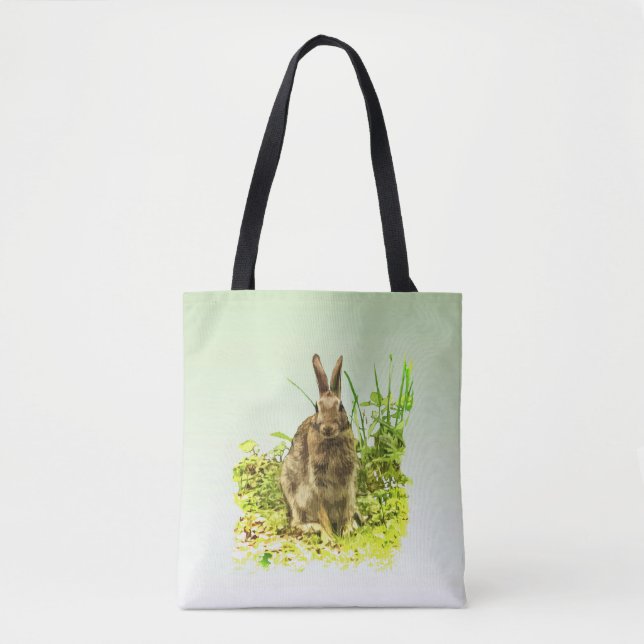 Grönt Gras med Brown Bunny Rabbit Tote Bag Tygkasse (Framsida)