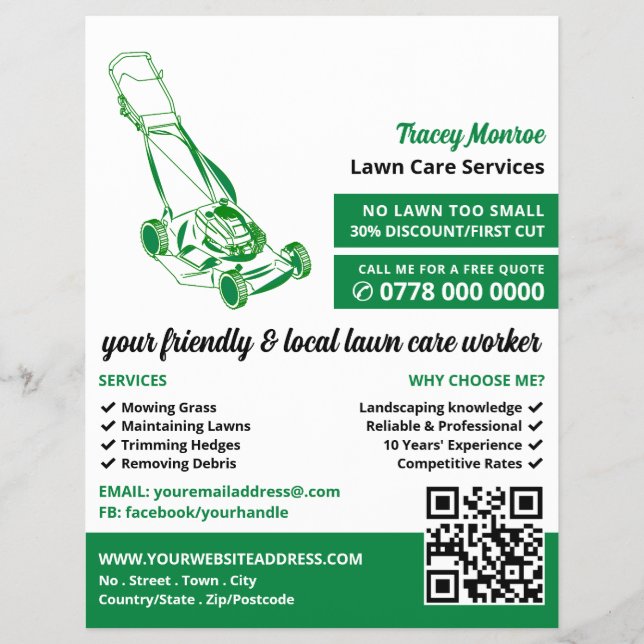Grönt Gräsmatta-Mower, Gräsmatta Care Services Reklamblad (Framsidan)
