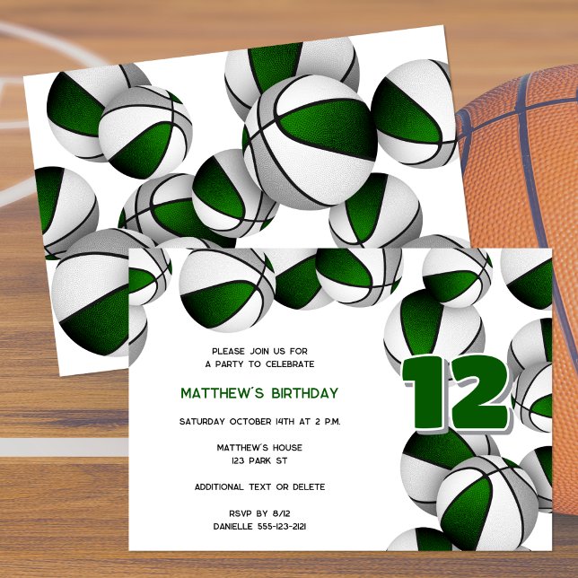grönt grått basketbollar, födelsedagsfester inbjudningar (front & back views)