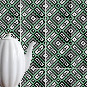 Grönt Grått Black White Op Art Geometric Stripe Kakelplatta