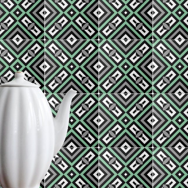 Grönt Grått Black White Op Art Geometric Stripe Kakelplatta (Skapare uppladdad)