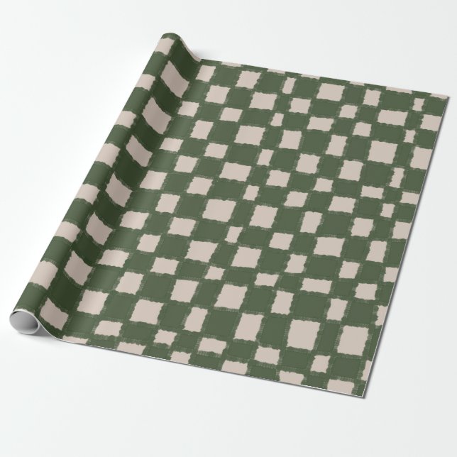 Grönt Grått Checkerboard Mönster Elegant Presentpapper (Utrullad)