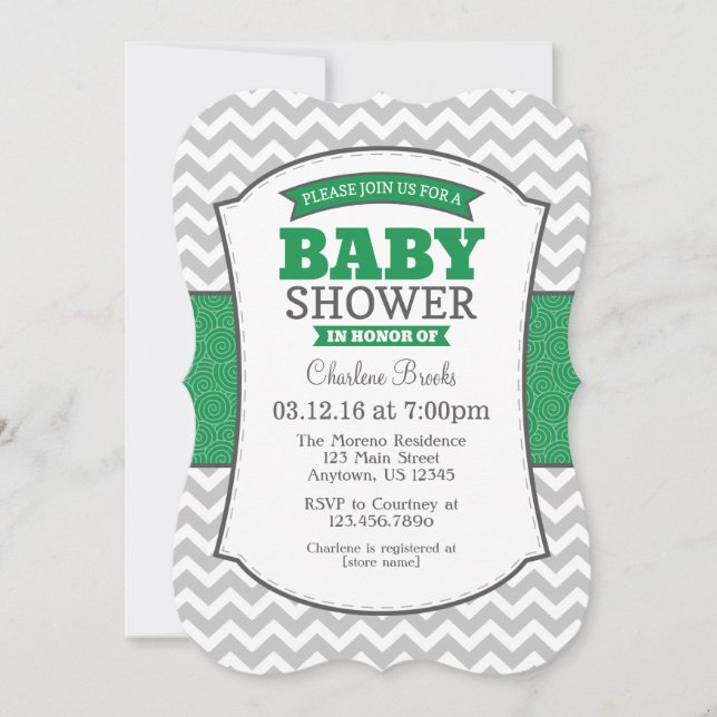 Grönt Grått Chevron Baby Shower-inbjudan Inbjudningar (Framsida)