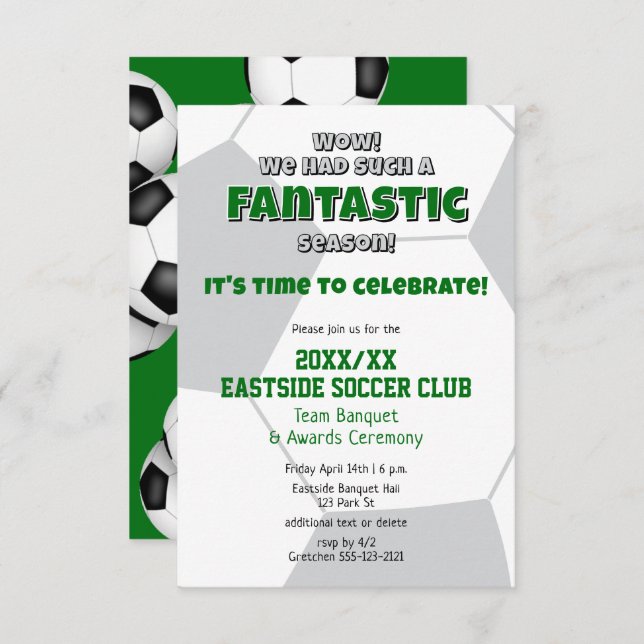 grönt grått eller ANY team färg Soccer-säsongsbidr Inbjudningar (Fram/baksida)