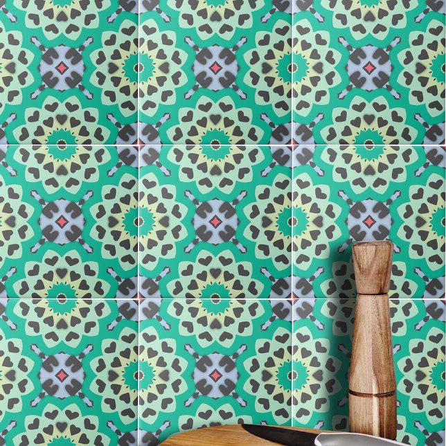 Grönt & Grått Hearts Ethnic Boho Geometric Mönster Kakelplatta (Skapare uppladdad)