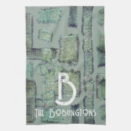 Grönt grått monogram abstrakt kökshandduk