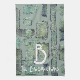 Grönt grått monogram abstrakt kökshandduk