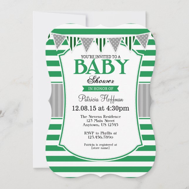 Grönt Grått Rand Baby Shower-inbjudan Inbjudningar (Framsida)