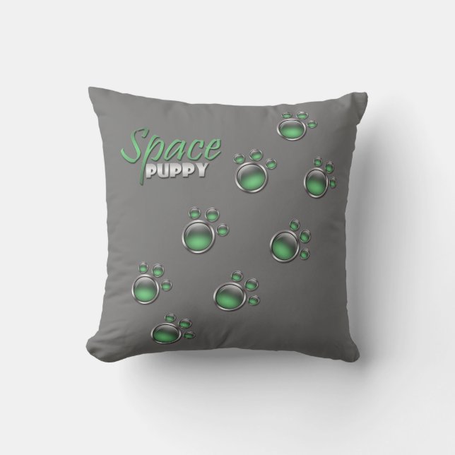 Grönt & Grått "Space Puppy" Tass avtryck Pillow Kudde (Framsida)