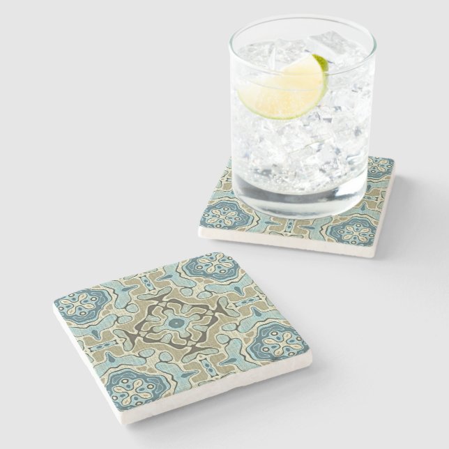 Grönt Grått Teal Blue Ochre Hip Bohemian Bali Art Stenunderlägg (Sidan)