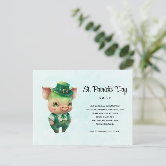 Grönt Gris i Finare Attire St. Paddy's Day Party Inbjudan Vykort (Stående Fram)