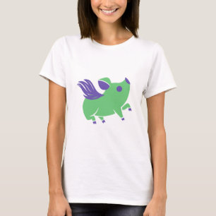 Grönt Gris med Lila Vingar T Shirt