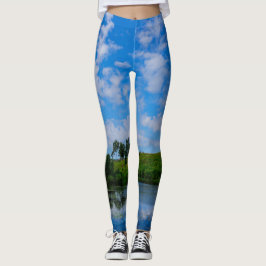 Grönt Groass Birch Träd Nature Himmel Sjö Landskap Leggings