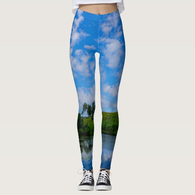 Grönt Groass Birch Träd Nature Himmel Sjö Landskap Leggings (Framsida)