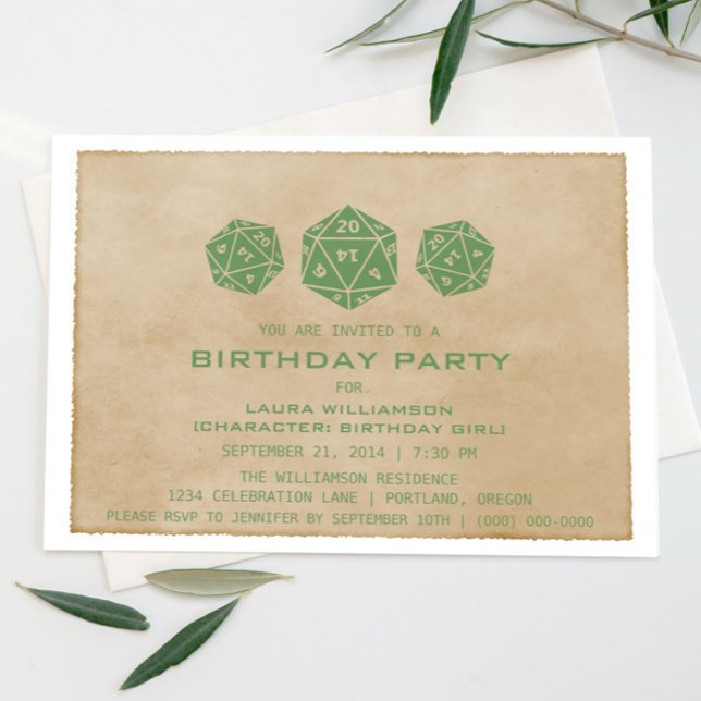 Grönt Grunge D20 Dice Gamer Födelsedagsfest Inbjud Inbjudningar (Green Grunge d0 Dice Gamer Birthday Party Invite)