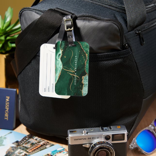 Grönt Guld Agate Geode Script Initialer Monogram Bagagebricka (Framsida & Baksida)