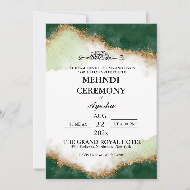 Grönt Guld Agate Islamic Bröllop Mehndi Inbjudningar (Framsida)