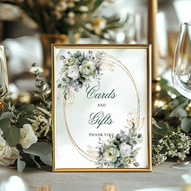 Grönt Guld Akvarell Kort Och Present Skylt (Green Gold Watercolor Cards And Gifts Table Sign)