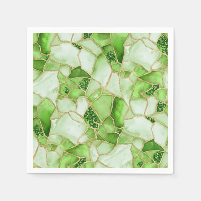 Grönt Guld Akvarell Sjöglas Mosaik Mönster Pappersservett (Framsidan)