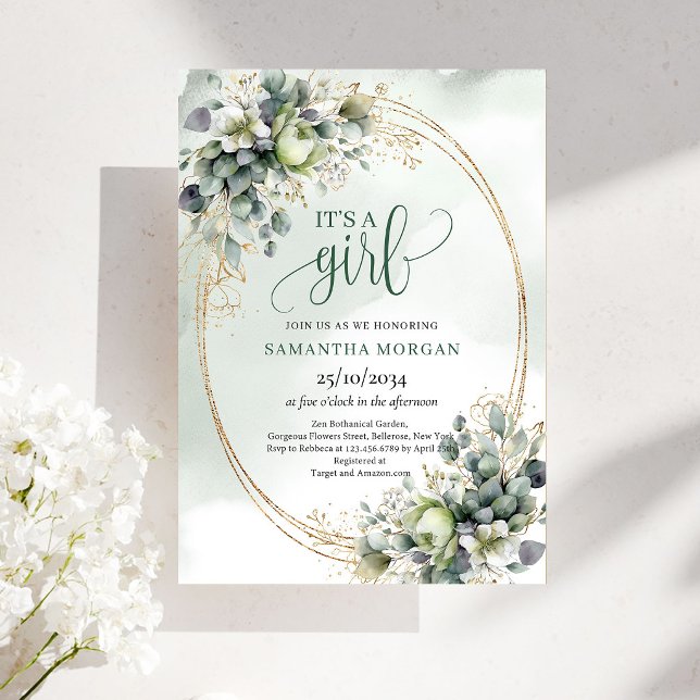 Grönt Guld Akvarellblad Det Är En Flickas Inbjudan (Green Gold Watercolor Foliage It’s A Girl Invitation)