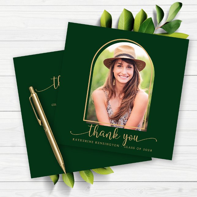Grönt Guld Arch Photo Studenten Tack (Green Gold Arch Photo Graduation Thank You Card)