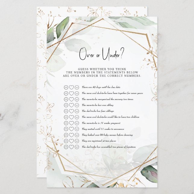 Grönt & Guld Baby Shower-spel över eller under? (Fram/baksida)