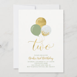 Grönt & Guld Balloons Boy 2 Birthday Party Inbjudningar