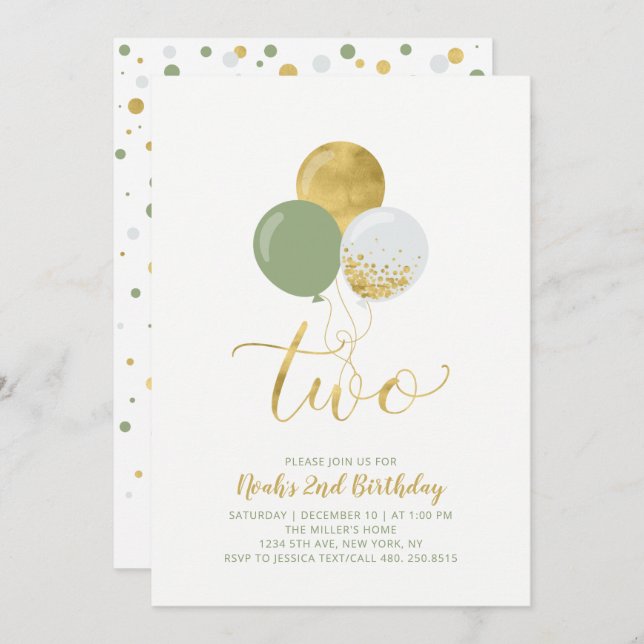 Grönt & Guld Balloons Boy 2 Birthday Party Inbjudningar (Fram/baksida)