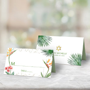 Grönt Guld Bat Mitzvah Tropiskt Blommigt Akvarell Placeringskort