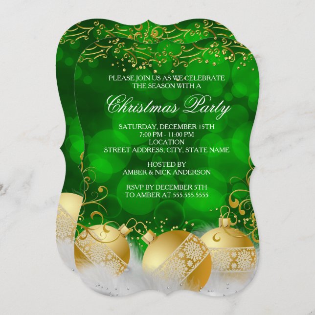 Grönt Guld Baubles White God Julfest Inbjudningar (Fram/baksida)