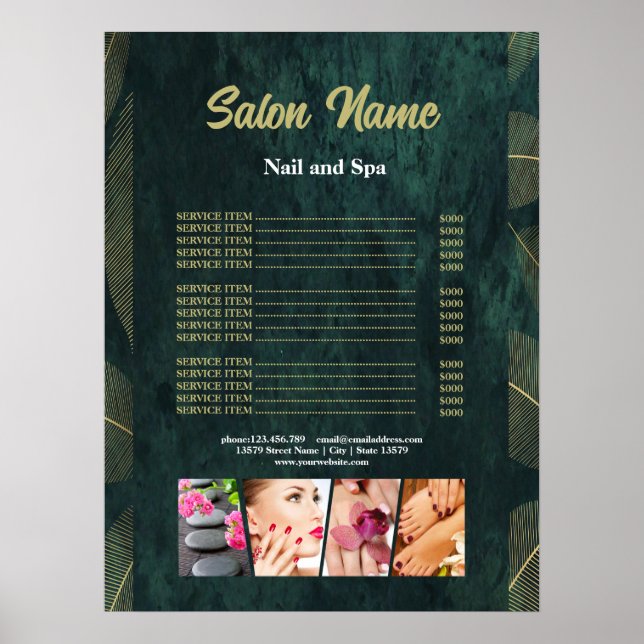 Grönt Guld Beauty Nail Salon Pris List-meny Poster (Framsidan)