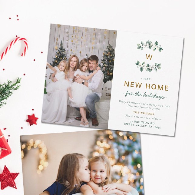Grönt Guld Berries Flytta Family Monogram 2 Foton Julkort (Moving Announcement Family Monogram Two Photos Holidays Christmas Card Elegant Classy Modern Berries)