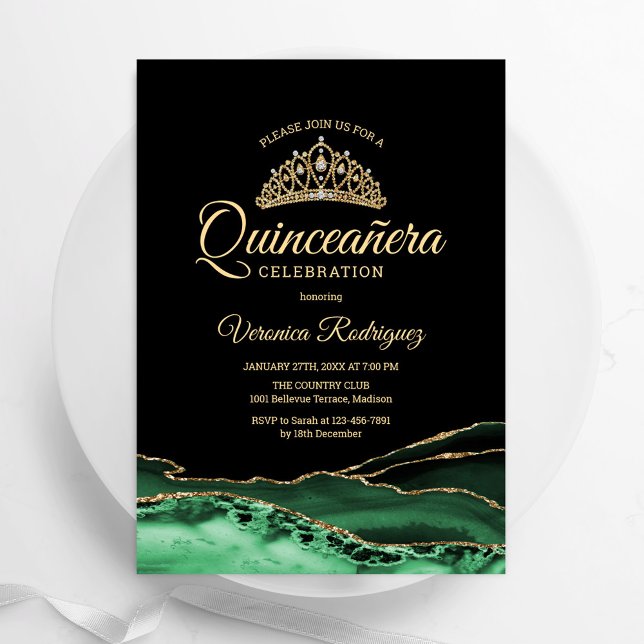 Grönt Guld Black Agate Marble Quinceanera Inbjudningar (Skapare uppladdad)