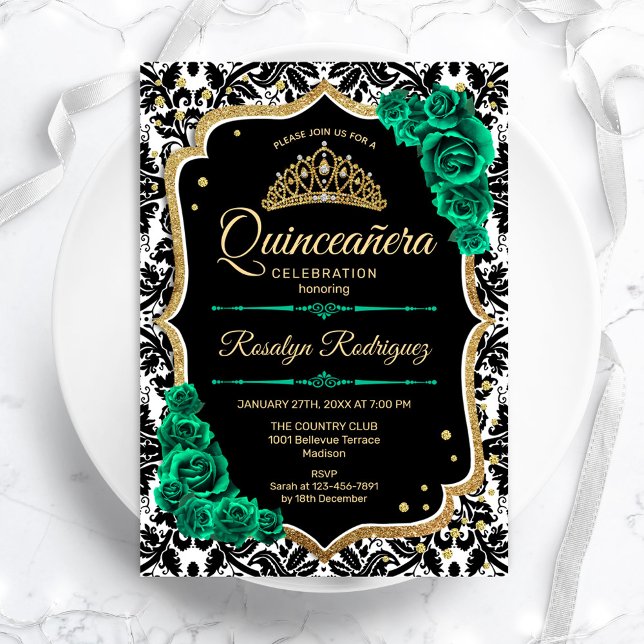 Grönt Guld Black Damask Elegant Quinceanera Inbjudningar (Skapare uppladdad)