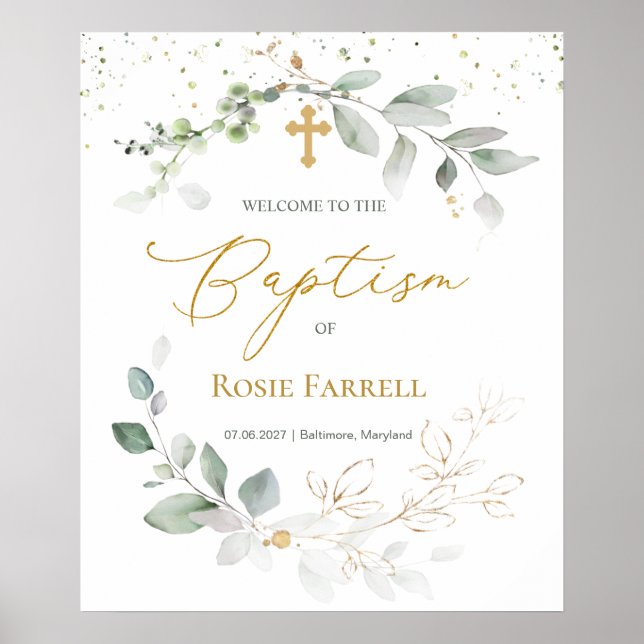 Grönt & Guld-blomma, välkomstskylt för baptism Poster (Framsidan)
