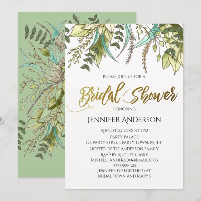 Grönt Guld Blommig Bröllopsdusch Inbjudningar (Fram/baksida)