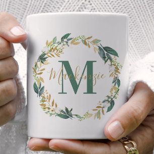 Grönt guld Blommig krans Monogram Kaffemugg