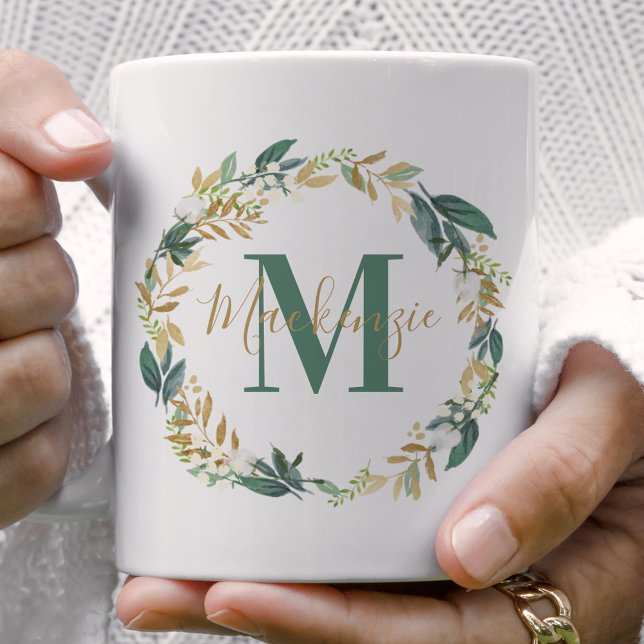 Grönt guld Blommig krans Monogram Kaffemugg (Skapare uppladdad)