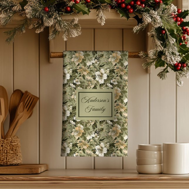 Grönt Guld Blommig Personlig Elegant Handduk  Kökshandduk (Green Gold Floral Personalized Elegant Towel )