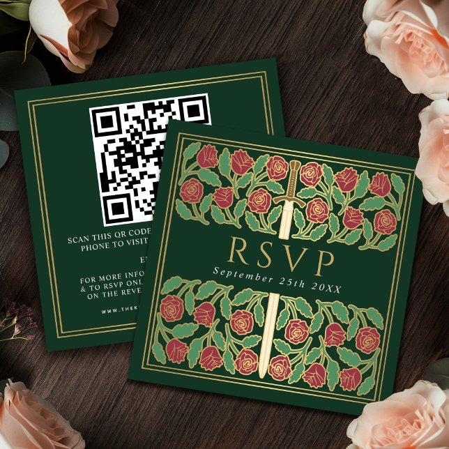 Grönt Guld Blommig Royal Bröllop RSVP QR-kod  Tilläggskort (Skapare uppladdad)