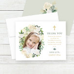 Grönt Guld Blommigt First Heliga Communion Girl Ph Tack Kort<br><div class="desc">Den här eleganten första Heligan av kommunfullmäktige tackar dig designat för ett flickfoto av din dotter på en gemensam dag som är inramad av en vacker trädgårdskrans av neutralt, vit, rosa och blommigt-blommor av färgad med ro och grönt greenery. Innehåller ett tack för guld kor och anpassningsbar i grönt och...</div>