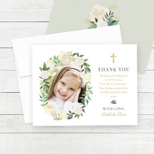 Grönt Guld Blommigt First Heliga Communion Girl Ph Tack Kort